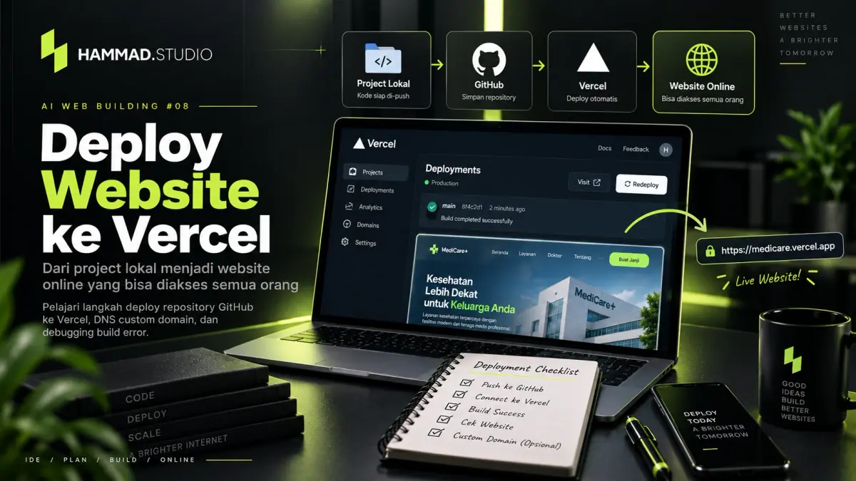 Cover tutorial AI Web Building #08 — Deploy Website ke Vercel