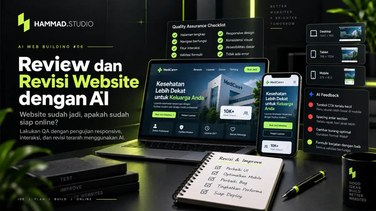 Cover tutorial AI Web Building #06 — Review dan Revisi Website dengan AI